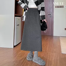 【AMIEE】純色毛呢半身開衩包臀高腰女長裙(KDSQ-8917) XL 深灰色