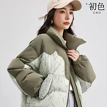 【初色】韓版潮流寬鬆厚款短款拼接撞色圖案線條印花立領長袖羽絨棉外套女外套-共4色-16595(M-2XL可選) M 綠色