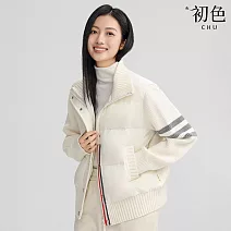 【初色】簡約休閒寬鬆運動風保暖防寒拼接排釦立領長袖羽絨衣外套女外套-共3色-16537(M-L可選) M 白色