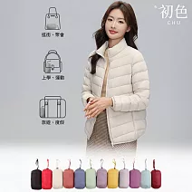 【初色】簡約氣質純色寬鬆輕薄短款保暖立領長袖羽絨外套女外套-共10色-16532(M-4XL可選) M 米白色