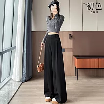 【初色】通勤風高腰修身加長垂墜感保暖加絨西裝褲闊腿褲寬褲長褲-共2款2色-16560(M-2XL可選) M 黑色常規款