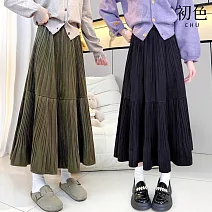 【初色】文藝風純色金絲絨鬆緊高腰顯瘦A字百褶中長裙半身裙長裙-共6色-16570(M-2XL可選) 2XL 黑色