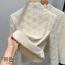 【初色】日系氣質鉤花蕾絲修身立領長袖保暖內搭打底衫發熱衣上衣女上衣-共2色-16837(M-3XL可選) L 杏色