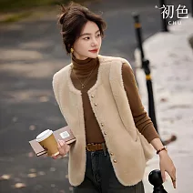 【初色】小香風純色圓領無袖排釦仿皮草馬甲背心女背心-奶茶色-16803(M-XL可選) M 奶茶色