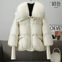 【初色】毛領拉鍊拼接長袖禦寒保暖科技羽絨棉服加厚大衣外套女外套-共3色-16759(M-2XL可選) 2XL 白色