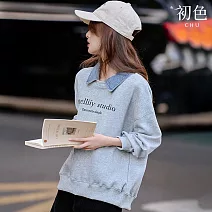 【初色】假兩件拼接翻領字母印花長袖寬鬆T恤上衣女上衣-灰色-16792(M-2XL可選) M 灰色