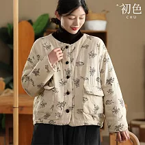 【初色】亞麻復古風純色圓領植物刺繡口袋加厚單排釦長袖夾棉外套女外套-麻色-16713(M-2XL可選) M 麻色