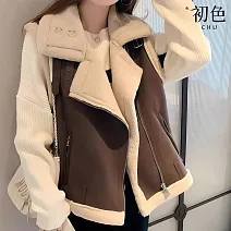 【初色】簡約撞色拼接搖粒絨寬鬆翻領無袖加厚馬甲背心女背心-共4色-16757(M-3XL可選) M 咖啡色