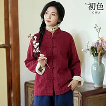 【初色】中式寬鬆保暖絨毛加厚立領盤扣長袖外套女外套-共3色-16738(M-2XL可選) M 紅色