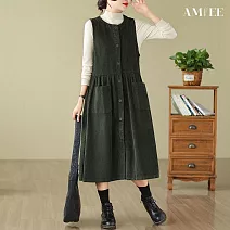 【AMIEE】無袖燈芯絨連衣裙(KDDQ-8386) M 墨綠色