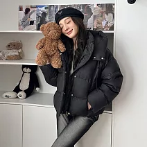 【MsMore】 泡芙短款羽絨棉美式肯豆麪包服連帽外套# 126846 S 黑色