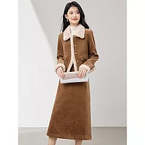 【MsMore】 兩件式燈芯絨加絨加厚毛領棉服時尚外套裙套裝# 126943 M 棕色