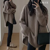 【AMIEE】法式慵懶寬鬆修身針織長版上衣(KDTQ-3004) FREE 棕色