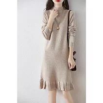 【MsMore】 荷葉邊中長款魚尾毛衣氣質搭大衣針織洋裝# 127018 FREE 米杏色