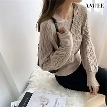【AMIEE】日系百搭麻花方領針織毛衣(KDTQ-633) FREE 卡其
