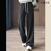 【AMIEE】垂墜感時尚修身加絨休閒闊腿褲(KDPQ-9475) L 灰色