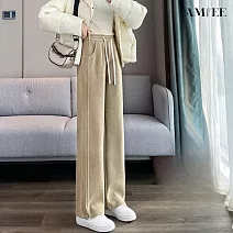 【AMIEE】韓版修身顯瘦雪尼爾加絨直筒褲(KDPQ-3417) M 卡其
