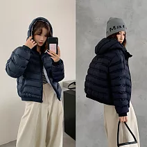 【MsMore】 韓版修身顯瘦連帽短款輕薄麵包服外套# 127000 M 藏青色