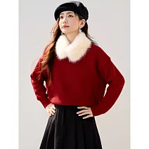 【MsMore】 韓系過年氛圍感配毛領毛衣上衣# 127066 FREE 紅色