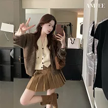 【AMIEE】美拉德撞色假兩V領針織上衣(KDTQ-8124) FREE 咖色