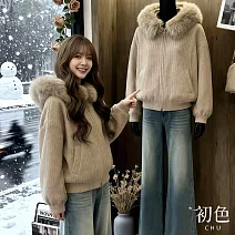 【初色】復古簡約純色寬鬆拉鍊毛領口袋連帽長袖外套女外套-卡其色-17386(F可選) FREE 卡其色