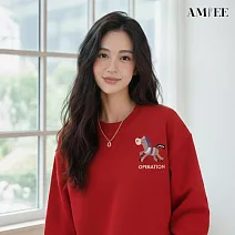 【AMIEE】馬年喜氣圓領棉質親子裝(KDTQ-9859B) L 酒紅