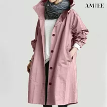 【AMIEE】日系休閒連帽棉質長版風衣(KDCQ-2279) M 粉色