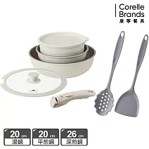 贈廚房配件【美國康寧WORLD KITCHE】鑄造鈦無印可拆式手柄不沾鍋具六件組 (18cm湯鍋/18cm PP保鮮蓋/20cm平煎/26cm深煎/26cm鍋蓋)