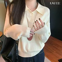【AMIEE】學院風正肩針織POLO上衣(KDTQ-8798) M 杏色