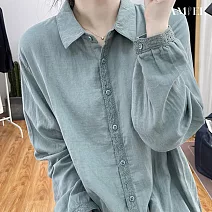 【AMIEE】日系減齡布藝蕾絲拼接棉麻襯衫(KDTQ-055) M 豆綠