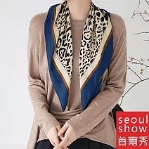 seoul show首爾秀 韓日版綜合方領巾仿真桑蠶絲緞面圍巾頭巾雪紡絲巾  3_乳牛花紋 藍邊