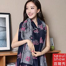 Seoul Show首爾秀 藏傳花間 仿羊絨雙面提花圍巾披肩  藏青框灰底