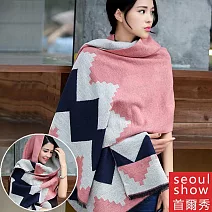 seoul show首爾秀 韓版雙面撞色菱形仿羊絨圍巾披肩  粉色