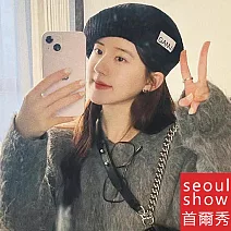 seoul show首爾秀 趙露思類款貼布字母針織畫家帽毛線貝雷帽  黑色
