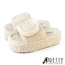 【Pretty】女 拖鞋 毛毛拖鞋 保暖拖鞋 居家室內 沾黏式 泰迪熊毛 厚底 US3 米色