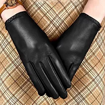 seoul show首爾秀 按釦鬆緊腕口頭層羊皮可觸控女士真皮保暖手套  黑色