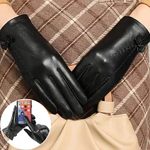 seoul show首爾秀 穿線蝴蝶結花頭層小綿羊皮珊瑚絨女士真皮保暖手套  黑色