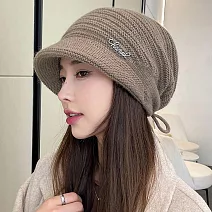 seoul show首爾秀   抽繩鑽標兔毛混紡雙層針織鴨舌帽防寒保暖堆堆帽  深卡其