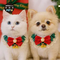 摩達客寵物-耶誕宮廷風蕾絲紅蝴蝶結鈴鐺領巾-多尺寸可選_耶誕派對裝扮_中小型貓狗適用 XS