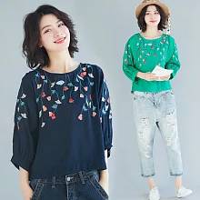 【A.Cheter】波蘭桔梗花圖騰刺繡舒爽棉麻寬鬆上衣#j103648F藏青