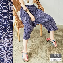 【潘克拉】藍染蜂巢印花七分寬口褲 TM1089　FREE藍紫