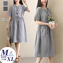 【A.Cheter】白鹿書院書院文藝風棉麻短袖抽繩洋裝#j104248M黑