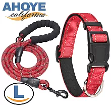 【AHOYE】舒適透氣寵物項圈+牽繩 (寵物牽繩 狗項圈) 紅色-L