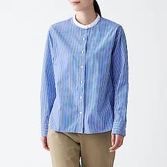 [MUJI無印良品]女有機棉水洗平織布立領襯衫 XS 藍直紋