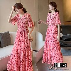 【Jilli~ko】新款大碼夏寬鬆顯瘦長款雪紡喇叭袖連衣裙 J8892  FREE 紅色