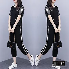 【Jilli~ko】兩件套大碼休閒運動寬鬆顯瘦短袖連帽套裝 J8853  FREE 黑色