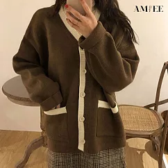【AMIEE】慵懶復古撞色V領毛衣外套(KDC─0909) F 棕色