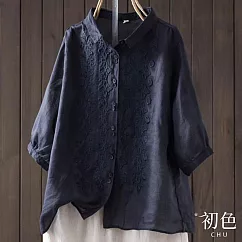 【初色】翻領刺繡寬鬆五分袖短袖襯衫上衣─共3色─68451(M─2XL可選) XL 藏青色