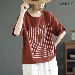 【AMIEE】經典圓領幾何短袖上衣T恤(4色/M─2XL/KDTY─5815) 2XL 紅色