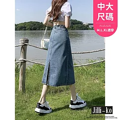 【Jilli~ko】高腰後開衩中長款A字包臀牛仔半身裙 L─XL J10827 L 藍色